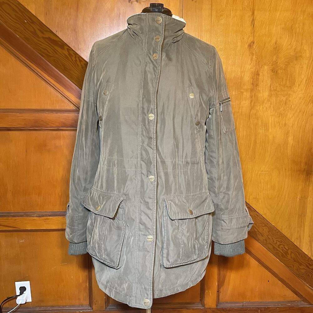 DKNY - Women Cinch Waist Green Anorak Winter Coat - Size XL - Missing Fur Trim